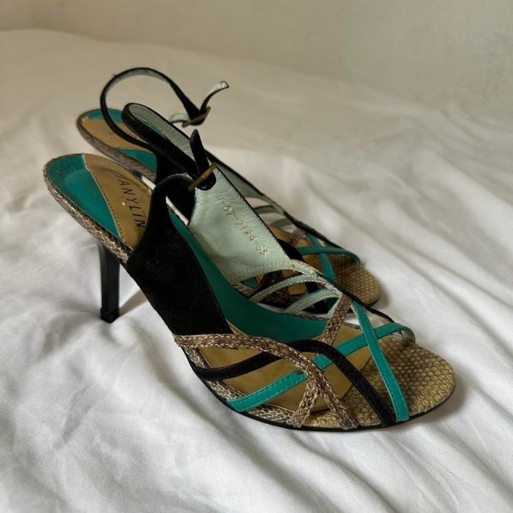 Vintage Euro Janylin Black Snakeskin with teal straps‎ & snakeskin Kitten Heels